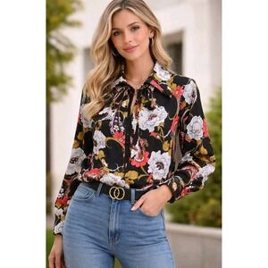 VTG 70's Floral Blouse Womens Black Gold Red Long Sleeve Pointed Colar Zip Front